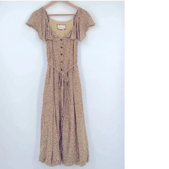 Anthropologie Leopard Print Bolano Ruffle Shoulder Button Midi Dress Size 0 - Picture 5 of 11